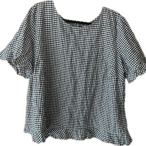 Black White Gingham Ruffle Hem Blouse Button Back Top Cottagecore